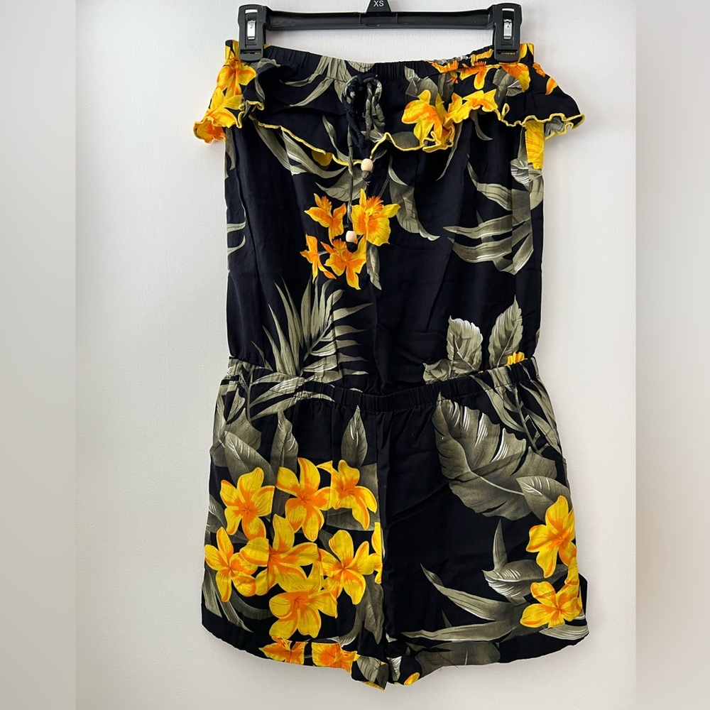 Strapless Floral Romper in Black and Yellow